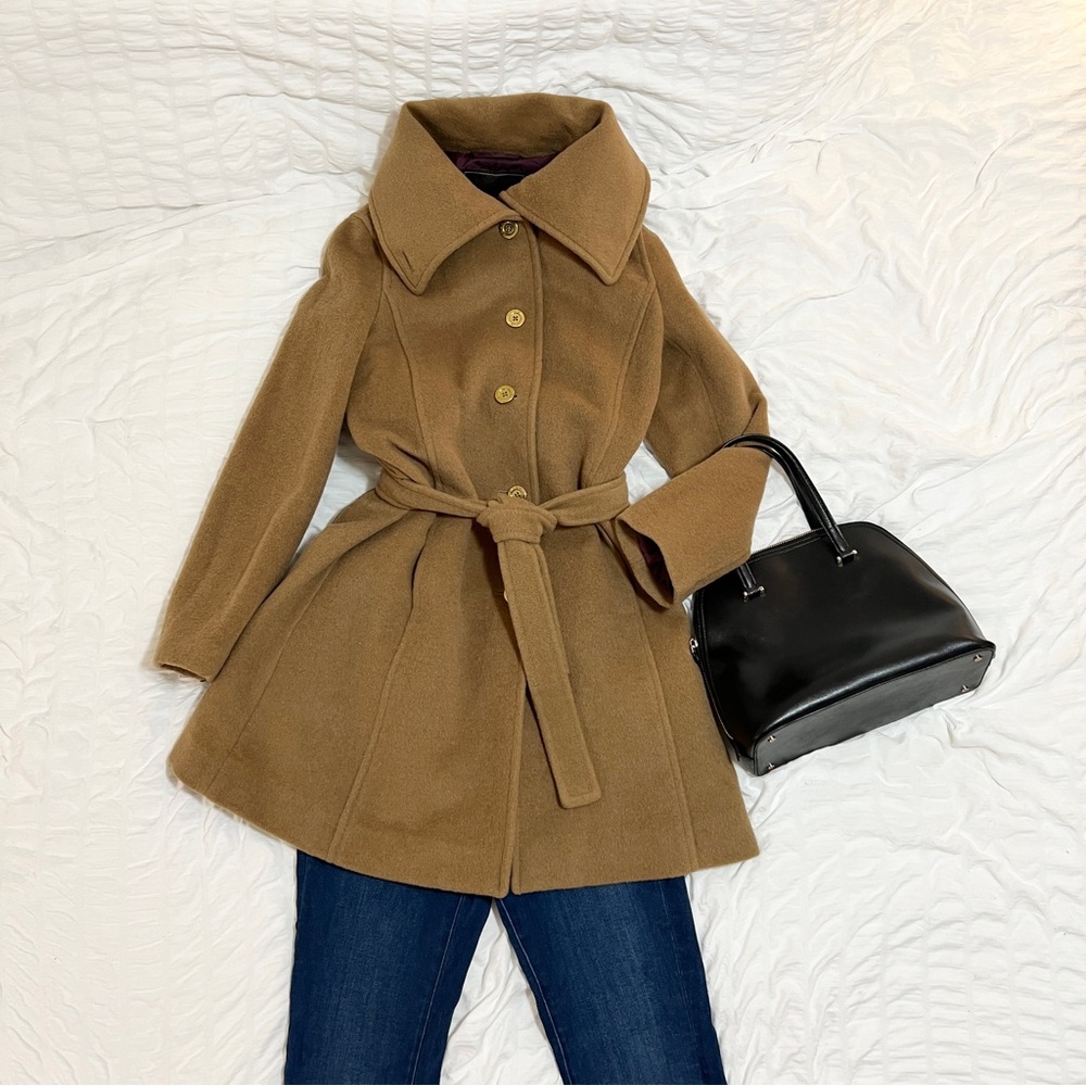 COACH Camel Wool Blend Belted Coat, Size Medium, Purple Lining